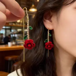 Red rose long delicate tassel earrings DDES0578, versatile and stylish design, 14K gold-plated