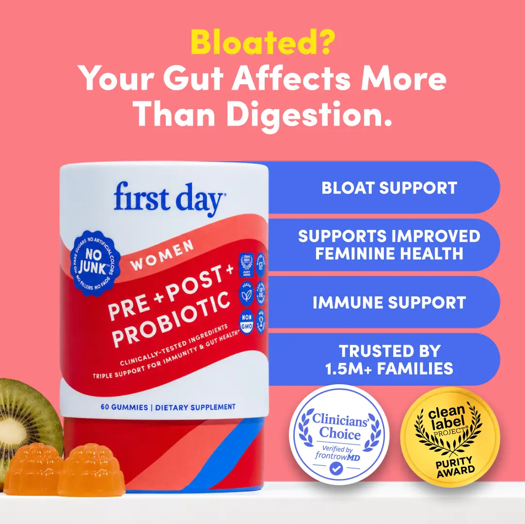 First Day Women's Tribiotic Gummies 18+, Natural Kiwi Flavor — Livaux Prebiotic, IS-2 Probiotic, Immuno-LP20 Postbiotic — Gut Health, Immunity, Vaginal Health, Bloating Relief — 30-Day Supply, Vegan, Non-GMO, No Junk