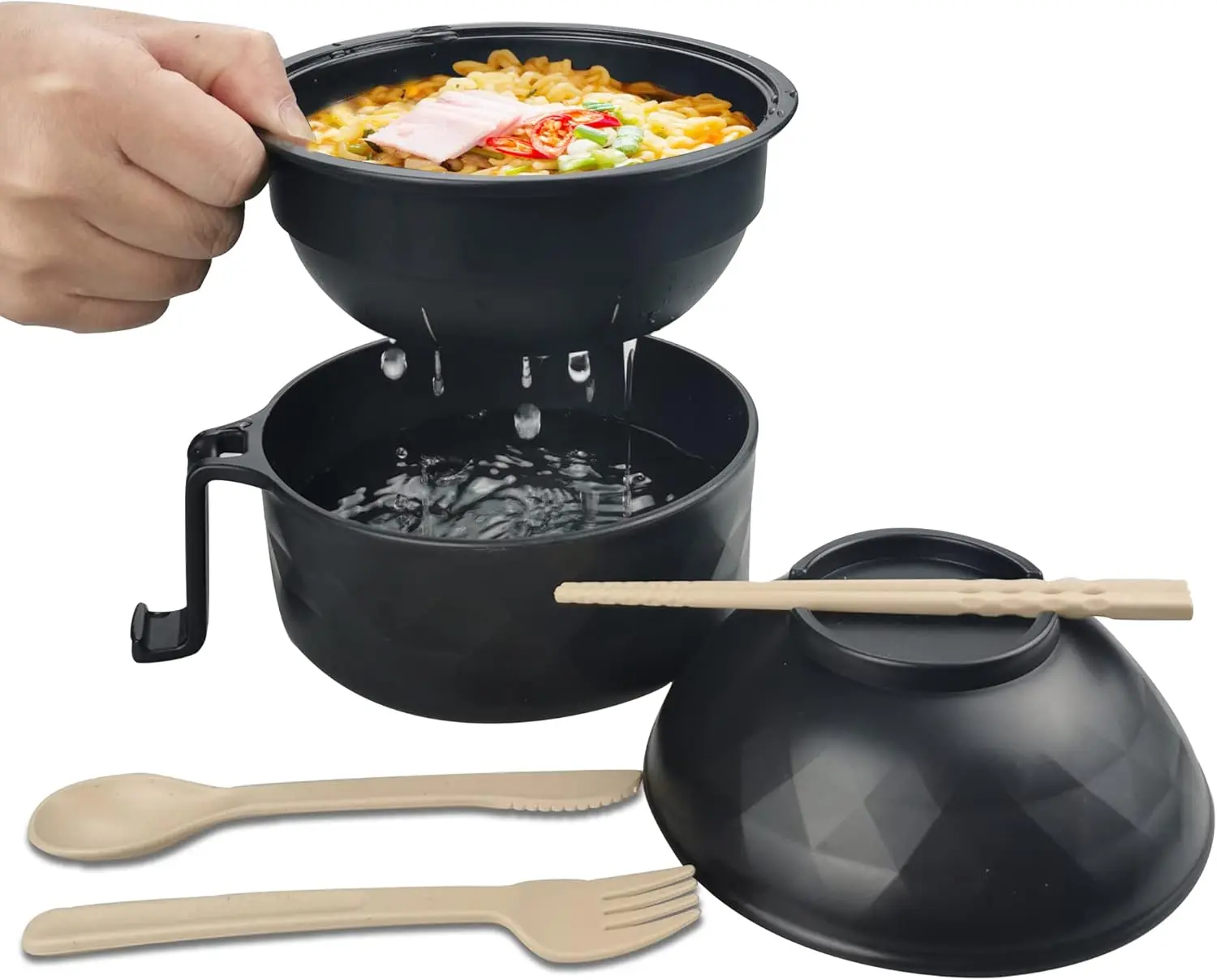 MIUVA Polypropylene Ramen Cooker Bowl Set (33oz, 16.9oz) - Adult Tableware Kit with Chopsticks, Cover, Cutlery, Fast Meal Prep for College Dorm Shopping Multi-Item Dinner Sets