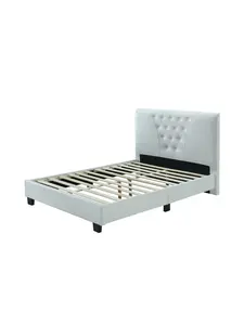 Hodedah HI698 Full Size Metal Platform Bed with Tufted Upholstered Headboard, White, Metal Bed Frames