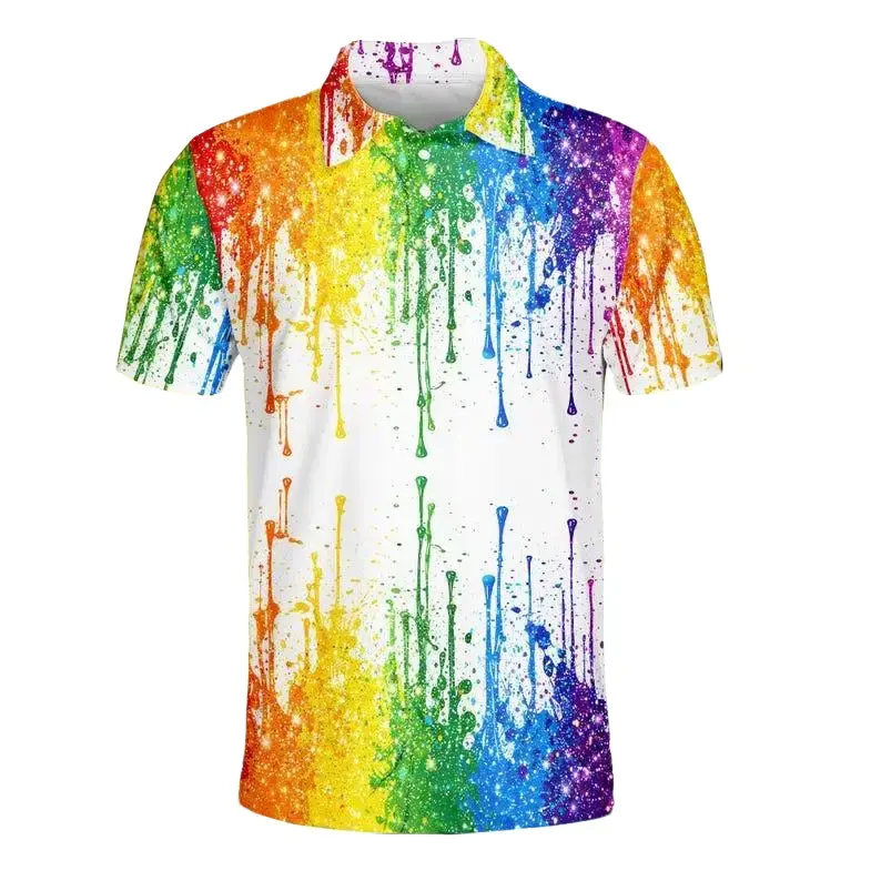 Rainbow Paint Drip Polo Shirt, Colorful Splatter Art Golf Shirt Button Up, Bright Casual Shirt for Men Women, LGBT Pride Month Shirt #Poloshirt
