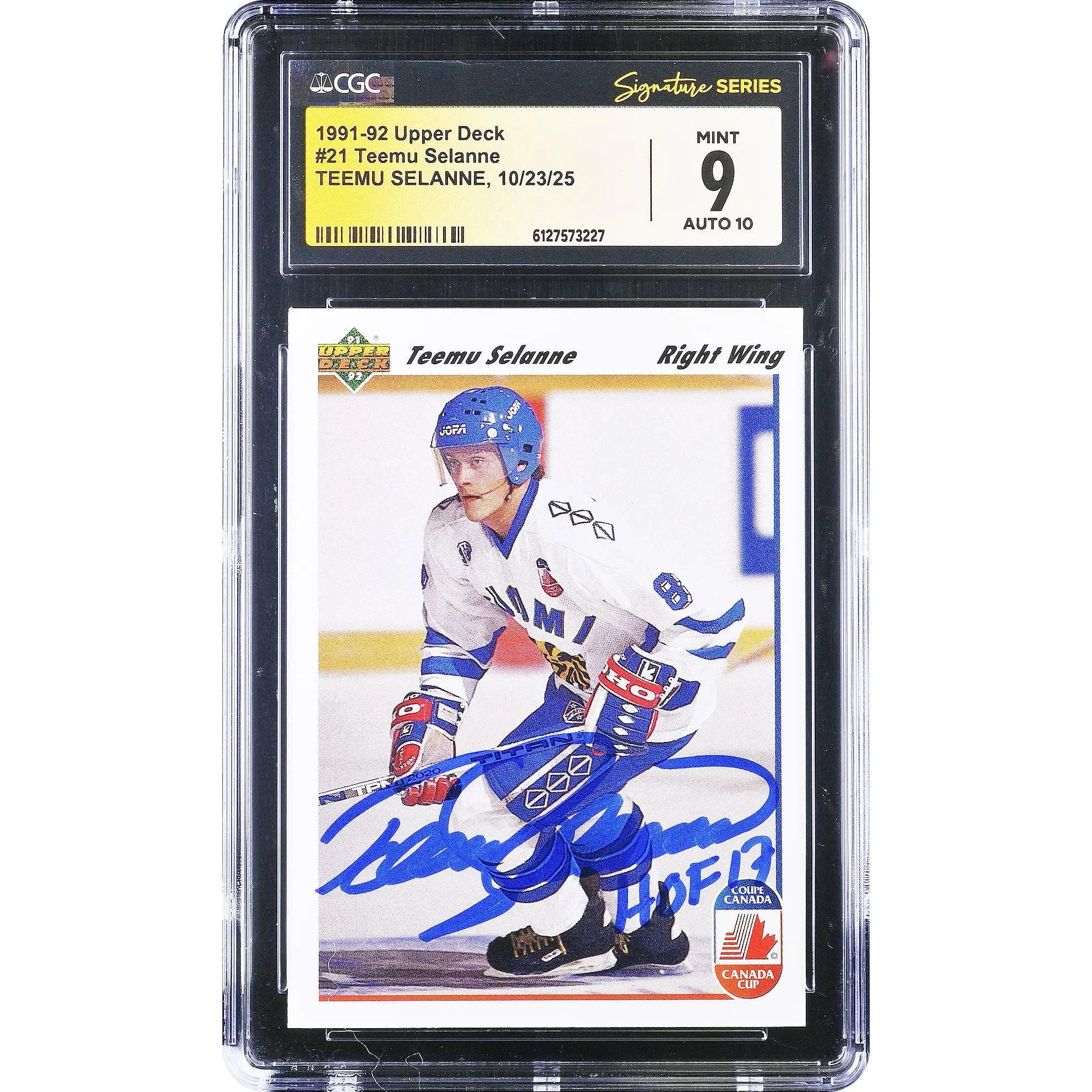 Teemu Selanne Finland Autographed 1991-92 Upper Deck #21 CGC Authenticated 9/10 Rookie Card with "HOF 17" Inscription - Fanatics Authentic Certified