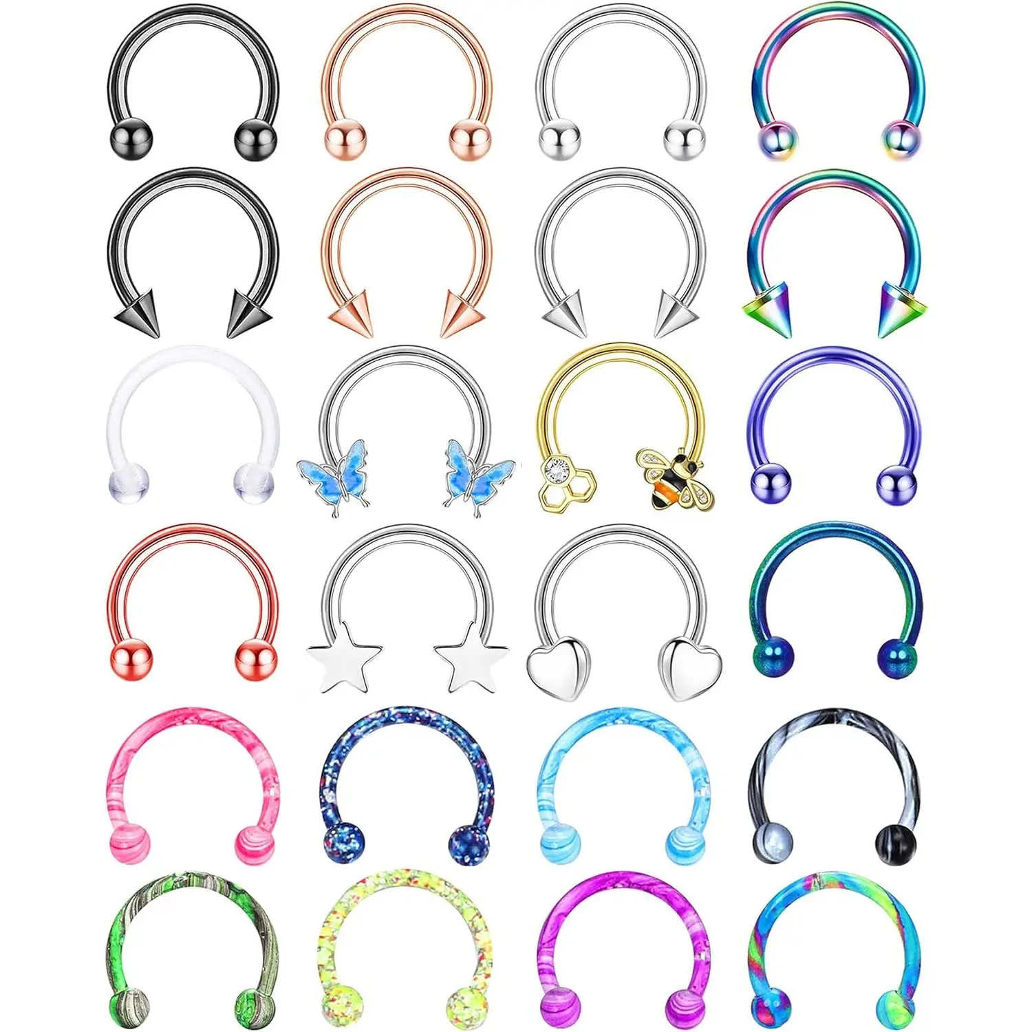 24-Pack 16G Surgical Steel Nose Hoops for Women, Hypoallergenic Geometric Horseshoe Lip Piercing Ring, Daith & Cartilage Septum Jewelry, Christmas, Nose Rings For Women, Valentine, Female, Helix Piercing Jewelry, Body Jewelry Set