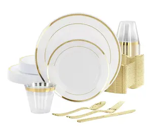 Elama 150 Piece Disposable Dinnerware Set for 25 in White Gold Elama 150 Piece Disposable Dinnerware Set for 25 in White Gold