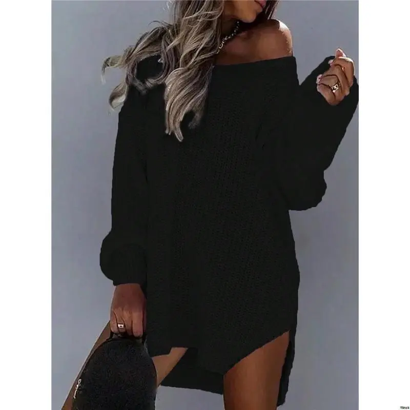 Shoulder Dressoff Loose Neck - Solid s Women ChicEase tiktok Fashionable Color V Sweater Black Dresswomen Dressoversized Dress