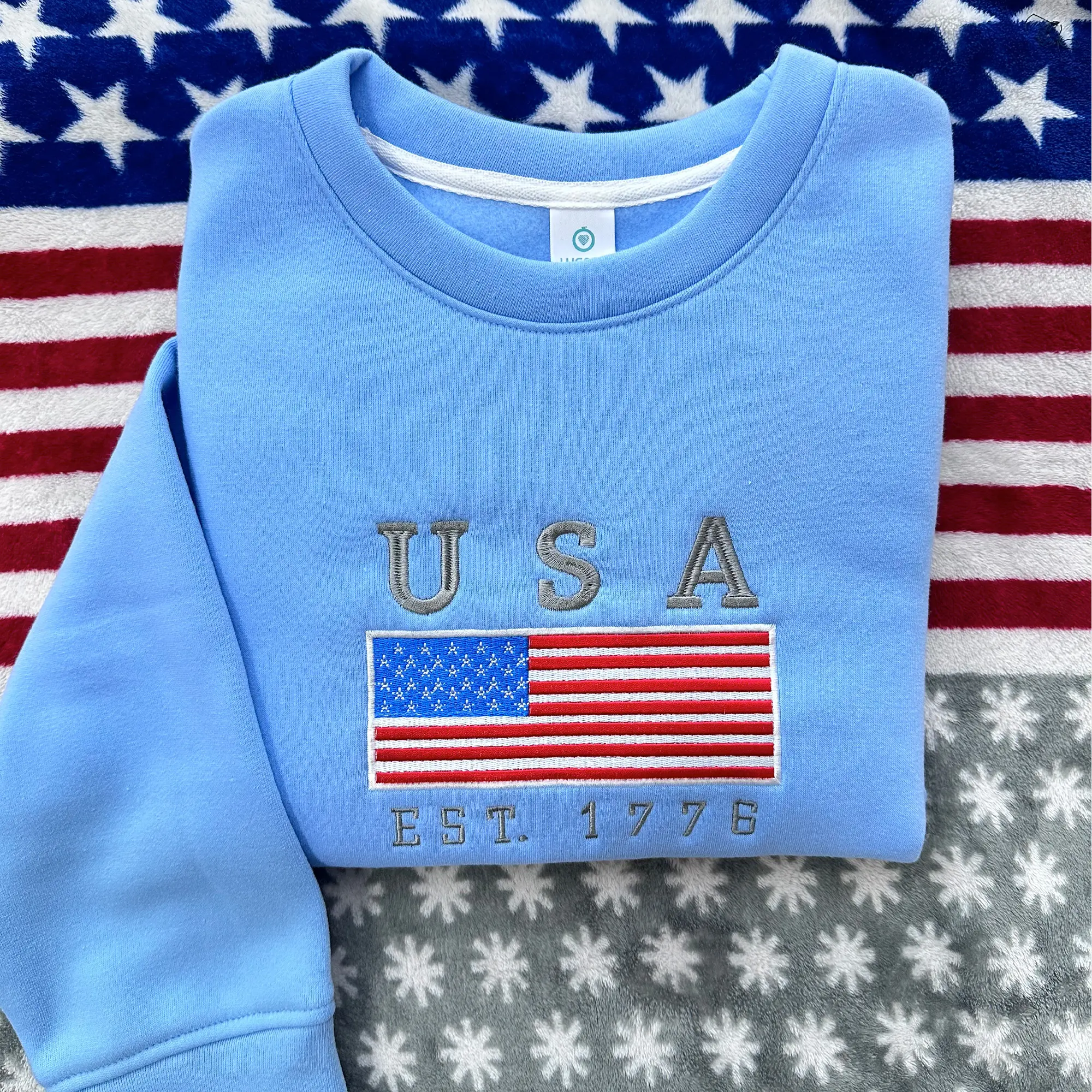 Embroidered USA Flag Sweatshirt, 4th of July Embrodiered sweatshirt, Tee, Hoodie