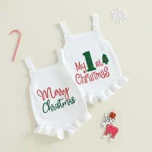 YSHWHWTS Baby Girl Christmas Sweater Knit Romper Fashionable Christmas Tree and Letter Embroidery Square Neck Sleeveless Ruffled Jumpsuit