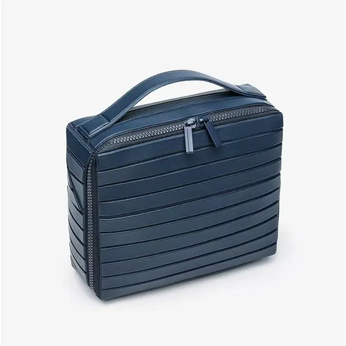 Striped Makeup Bag for Women, Open-Flat Cosmetic Organizer with 3 Mesh Pockets, Brush Holder, and Water-Resistant Exterior, Makeup Products, Vanity Organization, Portable Vanity