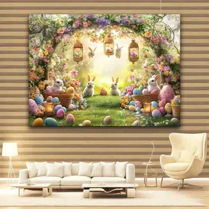 Rustic Easter Arch Photo Backdrop - 2D Flat Multicolored Reusable Polyester Wall Hanging Banner with Rabbits & Egg Baskets, Party Decoration Supplies for Easter Spring Parties, Birthday Events