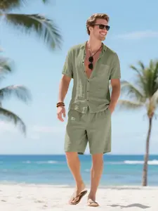 Men's Solid Color Linen Shirt & Shorts Set, Plain Shorts Set, Regular Fit Casual Short Sleeve Button Down Top & Shorts, Men's Summer Set for Vacation Holiday Beach, Shorts Sets Outfits