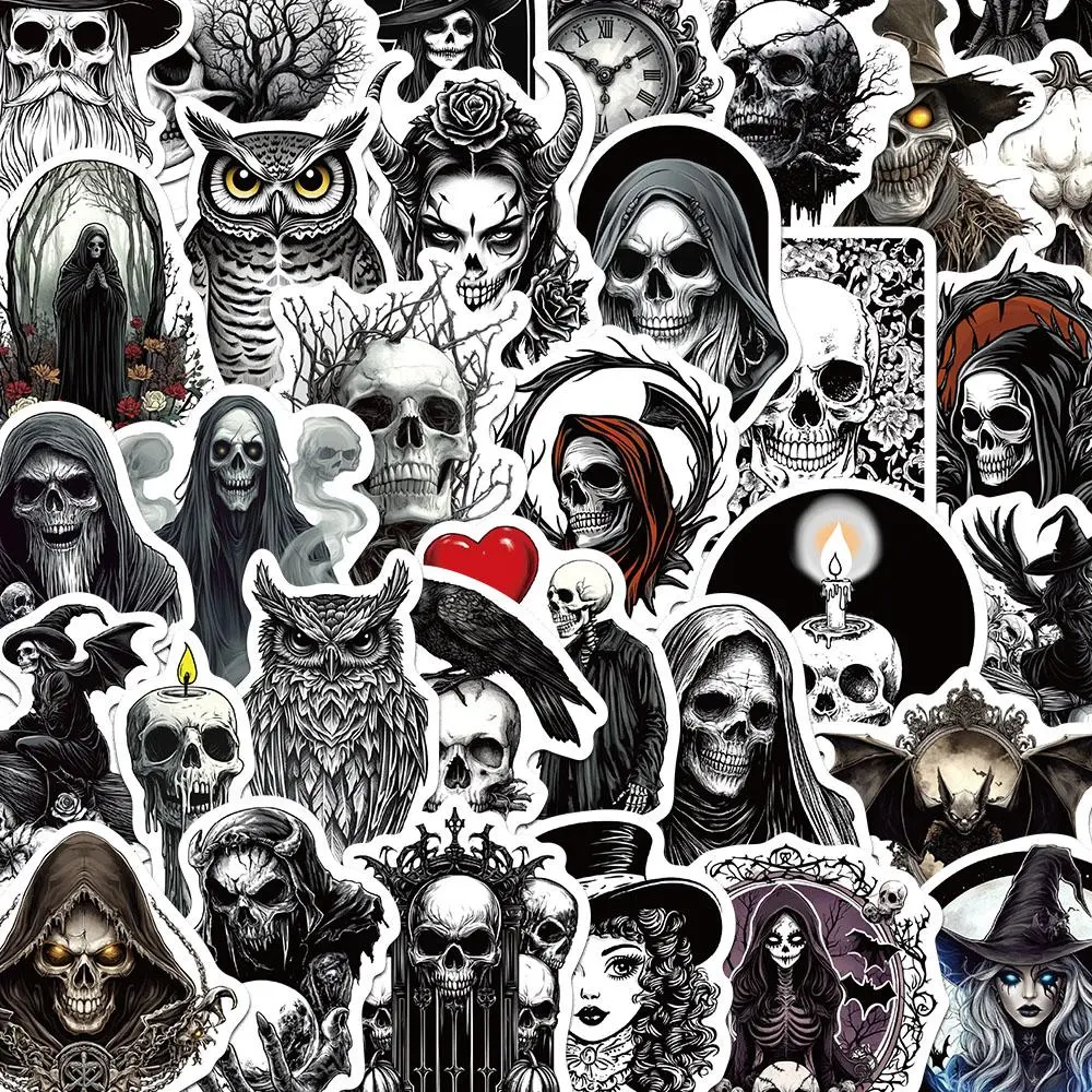 Retro Horror Skull Pattern Sticker, 50pcs Scrapbooking & Journal Making Material Paper, DIY Decorative Sticker for Stationery Computer Water Bottle, Stickers Kit, Sticker Set, Scrapbook Accessory, Self Adhesive Stickers, Crafts