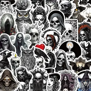 Retro Horror Skull Pattern Sticker, 50pcs Scrapbooking & Journal Making Material Paper, DIY Decorative Sticker for Stationery Computer Water Bottle, Stickers Kit, Scrapbook Accessory, Self Adhesive Stickers, Crafts