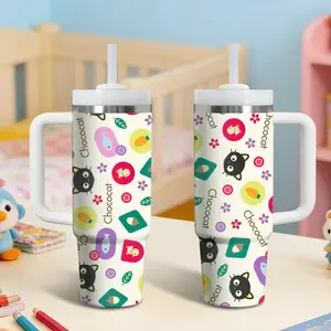 Chococat Vacuum Flasks 40oz Stainless Steel Tumbler with Handle & Straw, Vacuum Insulated Travel Mug Keeps Drinks Cold Up to 12 Hours, Leak-Resistant Cup for Iced Coffee, Water, Office, Gym or Travel