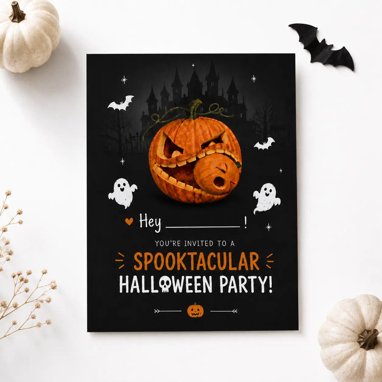 Haunted Halloween Party Folded Invitation Card, 5x7 in Crisp Detail Premium Paper Vibrant Print, Jack O'Lantern-Ghost-Castle Design, with Kraft Envelope