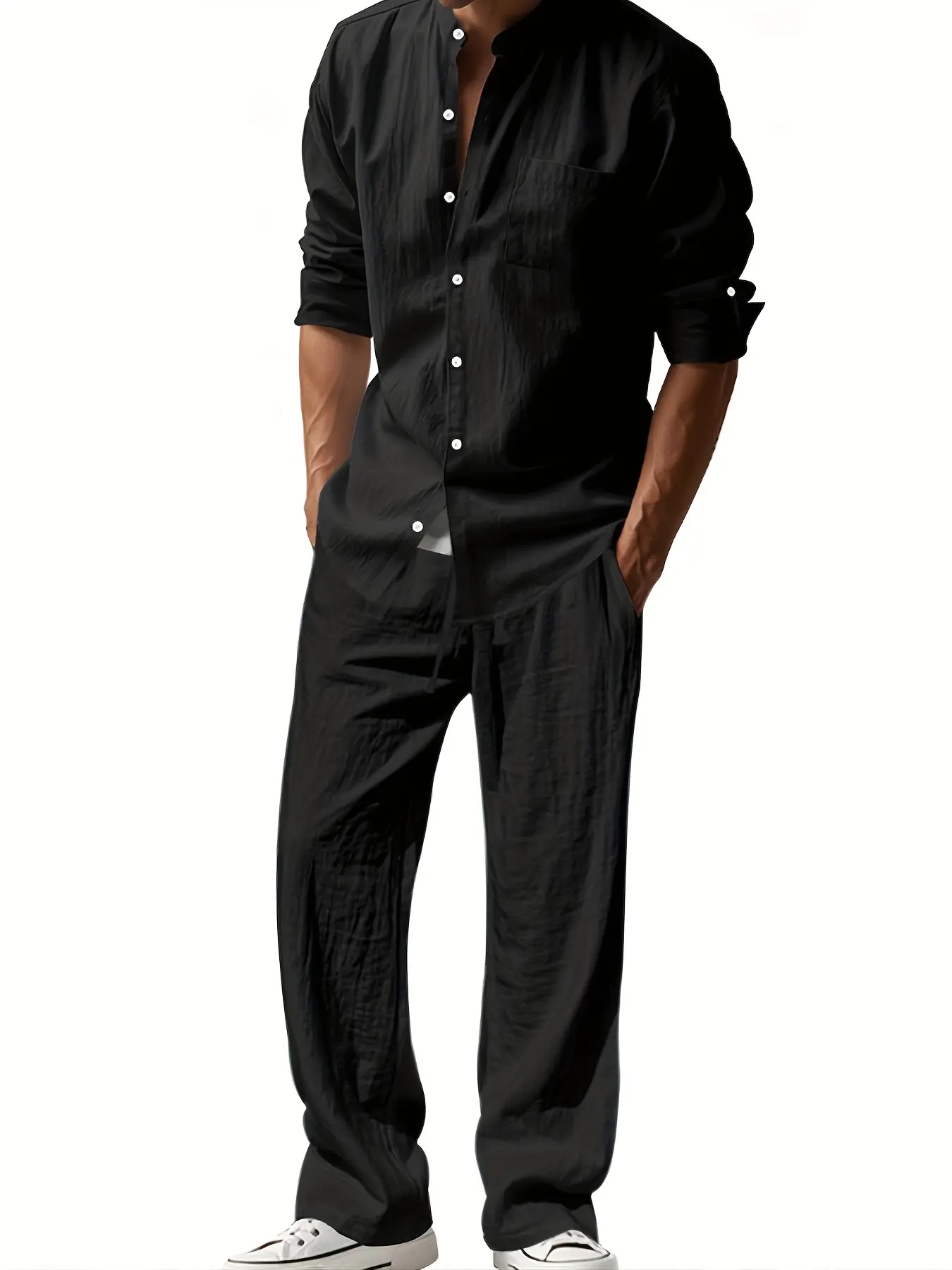 Men's 2-Piece Linen Casual Set, Breathable Long-Sleeve Button-Up Shirt & Relaxed Wide-Leg Trousers, Summer Vibe Holiday Beachwear