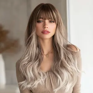 SMILCO/24-inch Ombre Brown ash Gold Loose Wavy with Bangs Synthetic Wig for Christmas/SM303