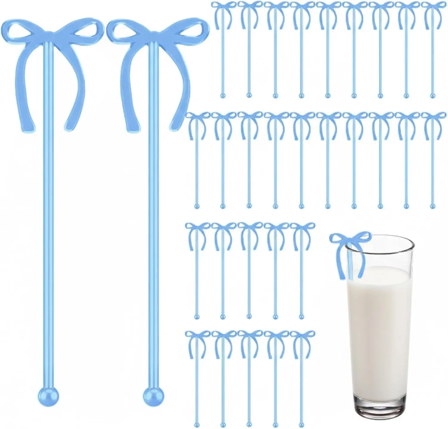 30 Pcs 6-in Reusable Plastic Bow-Shaped Drink Stirrers, Coffee Swizzle Sticks for Wedding, Graduation Party Decorations Supplies (Blue)