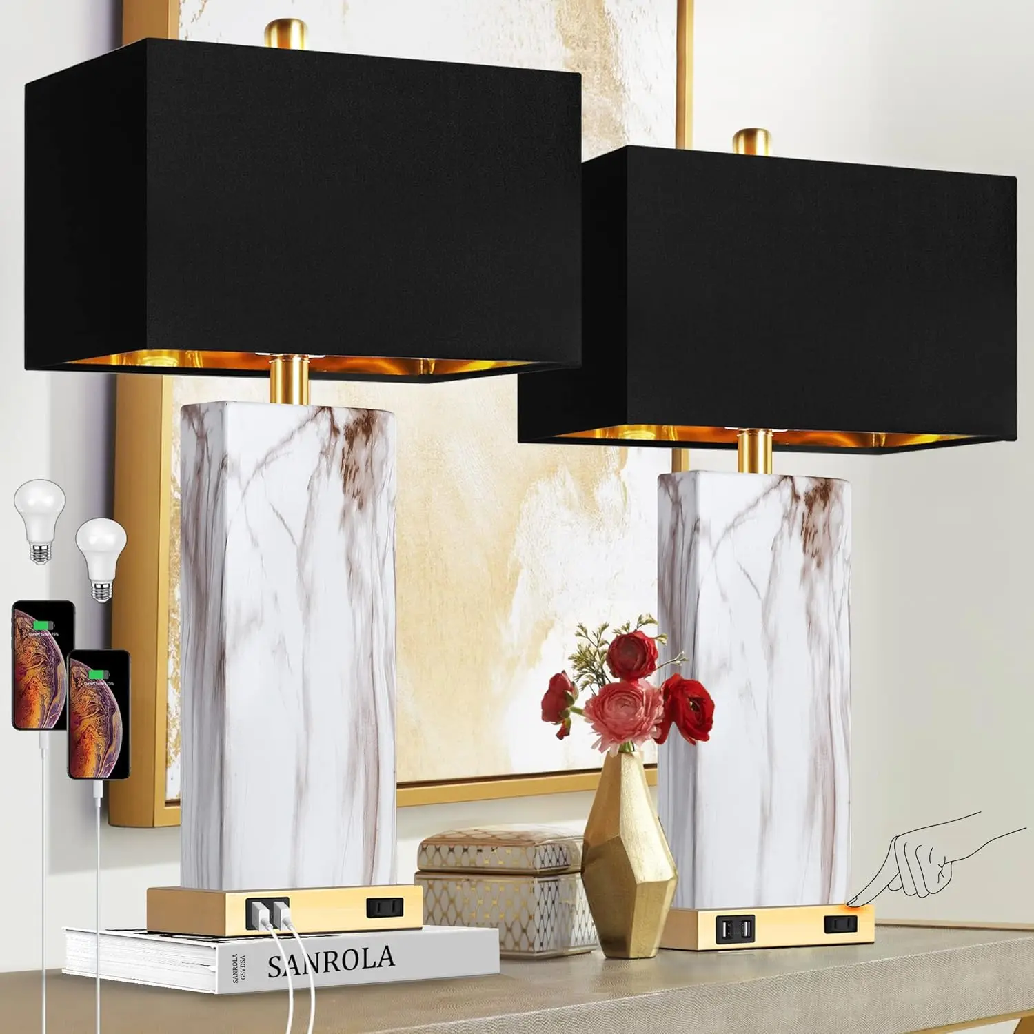 Touch-Control Console Lamp 2-Piece Set, Modern Ceramic Bedside Lamp with 2 USB Ports and 1 AC Outlet, 3-Way Dimmable White Bedside Lamp with Fabric Shade, Suitable for Living Room, Bedroom (Includes LED Bulb)