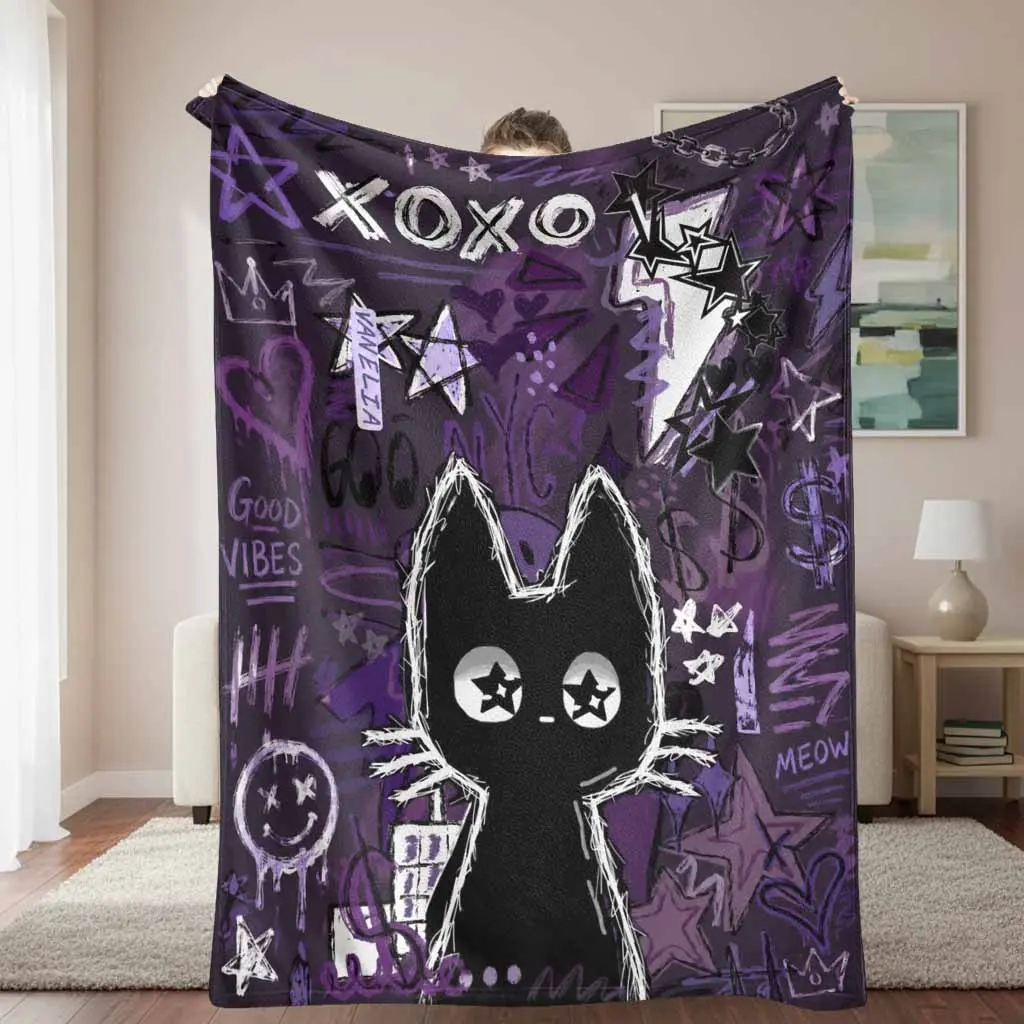 Black Cat Aesthetic Look Flannel Fabric Throw Blanket, Graffiti Pattern, Ultra-Soft Lightweight Warm Plush Texture, for Bedroom Sofa Decor, Cozy Gift for Friends