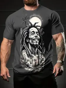 Men'S Reggae Legend Graphic T-Shirt - Full-Body Print with Iconic Dreadlocks, Moon & Palm Tree Design, Casual Crew Neck, Short Sleeve, Lightweight Polyester Blend for Spring/Summer/Fall,
