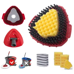 Scrub Brush, 1 Complete Combo Spin Mop Scrub Brush Head Compatible for EasyWring 1-Tank System, Upgraded Dual-Action Bristles & Scouring Pad for Deep Cleaning Floors, Corners, Tile, Grout - 1 Scrub Brush & Base, 6 Sponge Pads ,2Pcs Scouring Pad