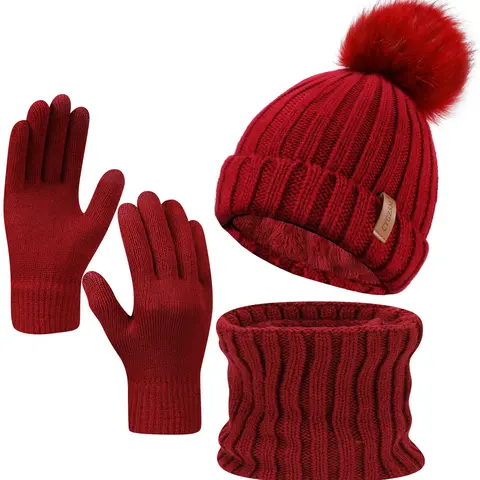 Unisex 3-Piece Winter Warm Fleece Knit Accessories Set - Beanie Hat, Scarf, Touch Screen Gloves, Double-Layered Brim, High Elasticity, Ideal for Daily Use, Female Gifts, Thanksgiving 2026, Hats for Women, Accessories for Women,sohochic