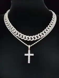 Rhinestone Decorated Cross Pendant & Necklace, Iced Out Cross, Fashion Jewelry for Party, Daily Clothing Decor, Trendy All-match & Exquisite Jewelry for Birthday Gift, Cross Necklaces, Iced Out Chains