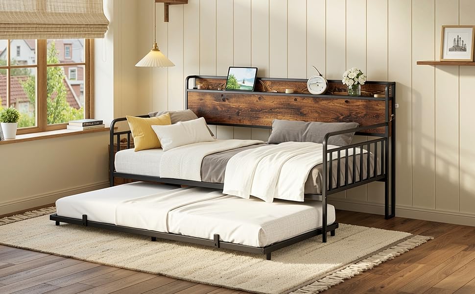 LIKIMIO Daybed with Trundle, Metal Twin Bed Frame with Charging Station & Storage Headboard, Sturdy Noise-Free Day Bed for Bedroom, Guest Room, Living Room