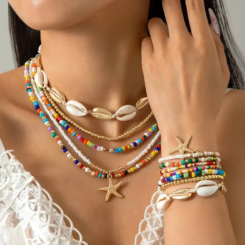 12Pcs Boho Beach Bracelet Set for Women - Seashell & Starfish Stretch Bracelets, Lightweight Summer Jewelry Gift