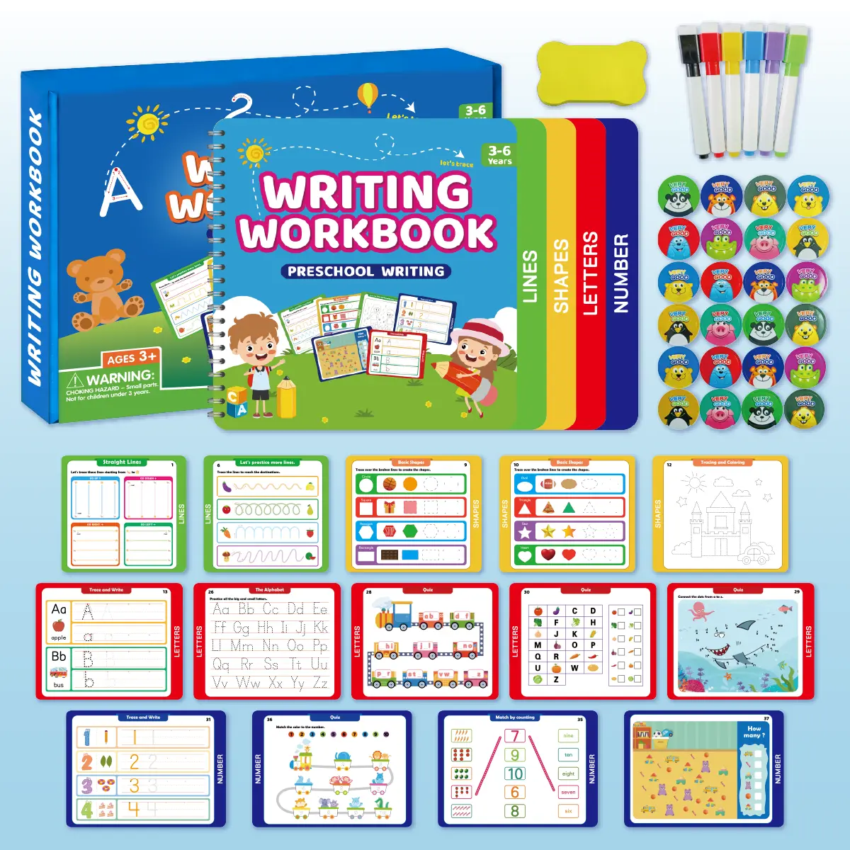 Spiral-Bound Preschool Pen Control Tracing Book with Marker & Eraser-Reusable Learn-to-Write Workbook , Reusable Letter & Number Practice for Kids Ages 3-6, 38 Pages of Lines, Shapes, Letters & Numbers