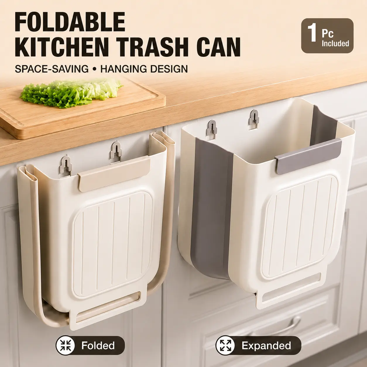 Plastic Hanging Garbage Can - Durable Kitchen Waste Bin, Single Unit Hang-On Apartment Shopping Supply, Folds Flat Space-Saving Collapsible Bin for Kitchen Cabinet Doors