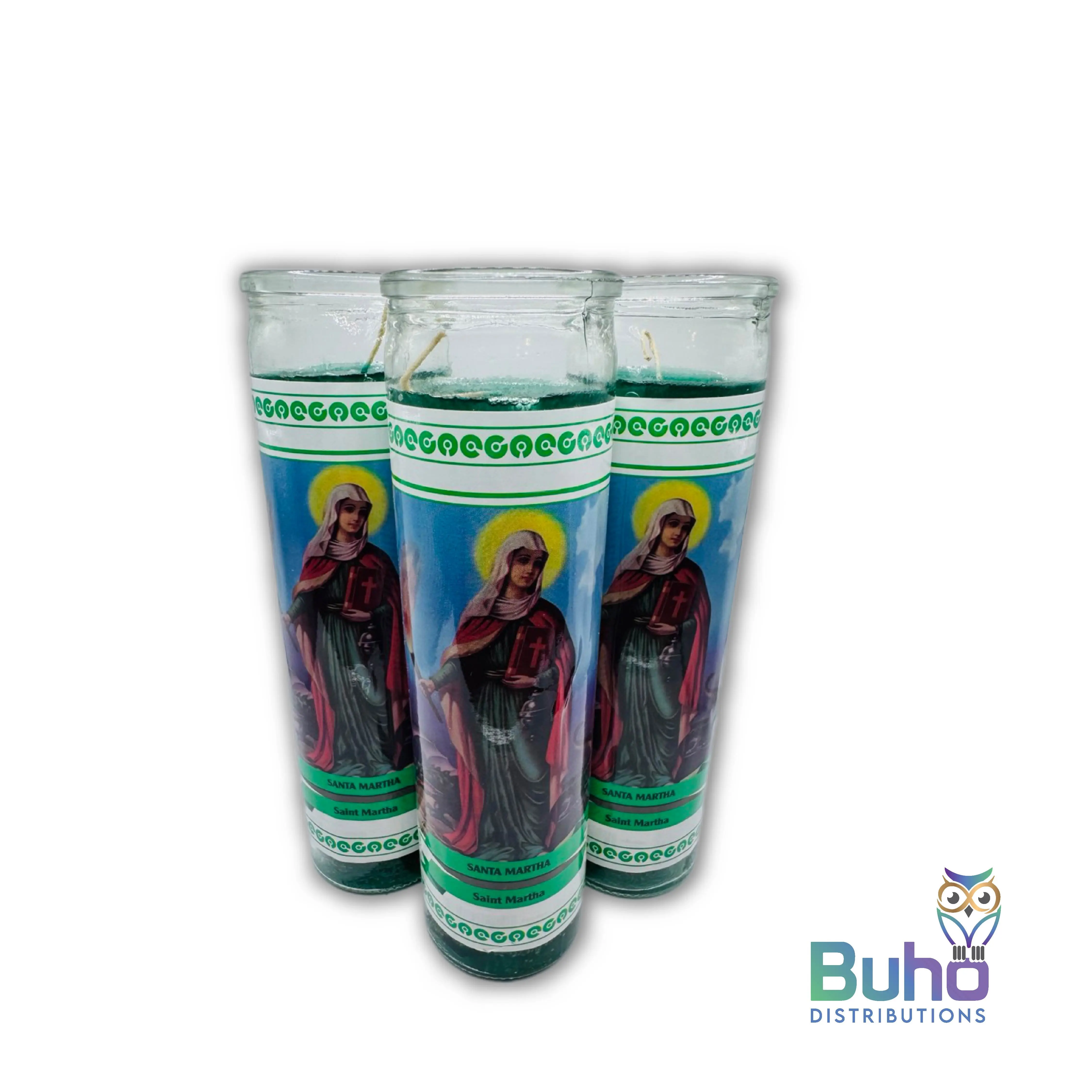 Saint Martha 8" Full Label | Santa Marta-Verde| Set of 3 Religious 8” Candles  | Búho Distribution