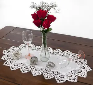 Linens Art And Things - White European Lace and Antique Jacquard Fabric Table Runner (14" x 27" | 16" x 35"/44"/54" 14"x70")