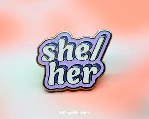 Page's Peaches She/Her Hard Enamel Pronoun Pin - Purple Queer Pin