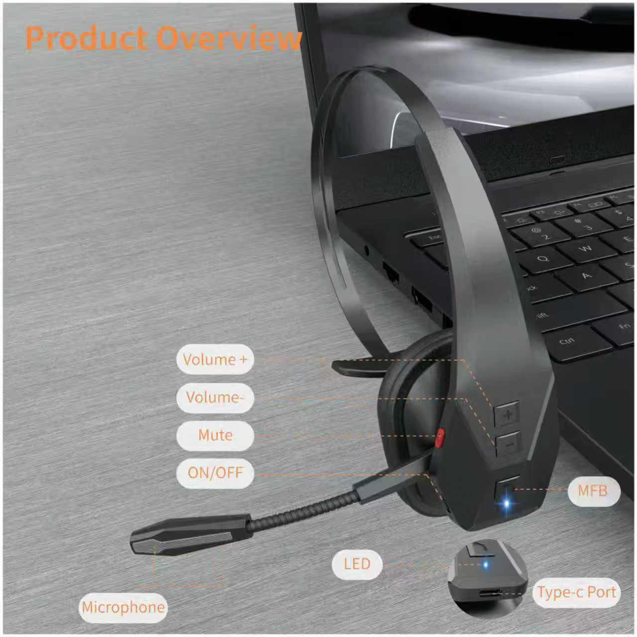 DH17 Bluetooth Headset  for Computer, Single-Ear Wireless Headset with Noise Cancelling Microphone for Office & Truckers, Bluetooth V5.3 with Mute Button for Work
