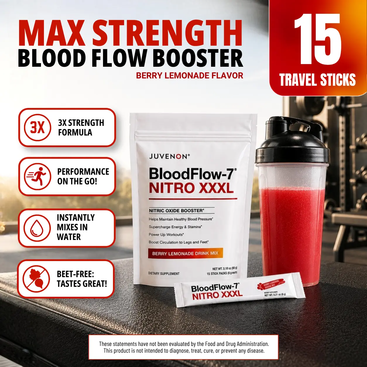 Juvenon BloodFlow-7 Nitro XXXL Berry Lemonade Dissolvable Travel Sticks - 1500mg Nitrosigine Nitric Oxide Drink Mix, Prop 65 Safe, Boosts Circulation, No Beets, Mixes in Water, 15 Single-Serve Packs, Dissolvable Stick