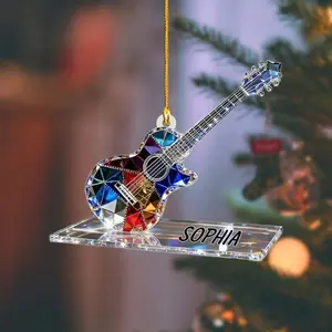Personalized Guitar Christmas Ornament, Stained Glass Style Acrylic Decoration, Custom Name Gift for Music Lovers