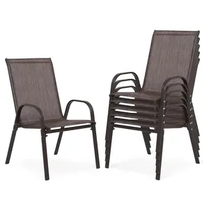 Outdoor Stackable Chairs Set of 6, Stacking Patio Chairs with Textilene Fabric, Outside Furniture for Garden Backyard Balconie Poolside Deck, Brown