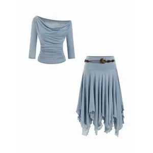 Cider Cowl Neck Ruched Middle Sleeve Top & Mid Rise Belted Asymmetrical Hem Midi Skirt Set