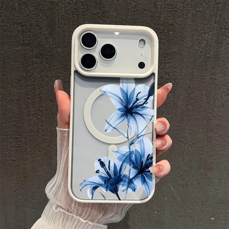 Blue Lily Whisper Transparent Magnetic MagSafe Snap Case for iPhone 17/16 Pro Max,15 Pro,14,13,12 Mini,11,XR,XS Plus,SE - Shockproof,Slim Protective Cover for Smartphone,Handheld Cellphone Protection