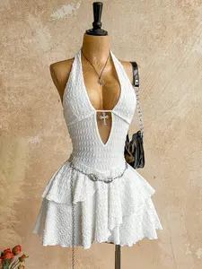 Meghana Sexy V-Neck Cross Decor Hollow Out Halter Backless Textured Fabric Multi-Layer Asymmetrical Hem Mini Dress