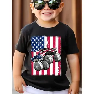 Boys' Patriotic Monster Truck Clothes, Cute Crew Neck Short Sleeve Soft Cotton T-Shirt - American Flag Design, Durable Print, Independence Day Kids Casual Wear