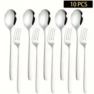 10-Piece Silver Color Stainless Steel Fork Spoon Set, Korean Style Cutlery, Includes 5 Dinner Forks & 5 Tea Spoons, Durable Dishwasher Safe