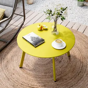 LAUSAINT HOME Outdoor Round Coffee Table, 27.6in Weather-Resistant Heavy-Duty Metal Patio Side End Table with Square Sq Ft for Deck, Porch, Garden, Yellow, Coffee Tables