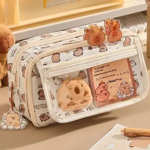 33pc Capybara Clamshell Large Capacity Transparent Pen Bag, Multi-Layer Storage Zip-Up Design Student Pencil Case, Holds 80 Pens