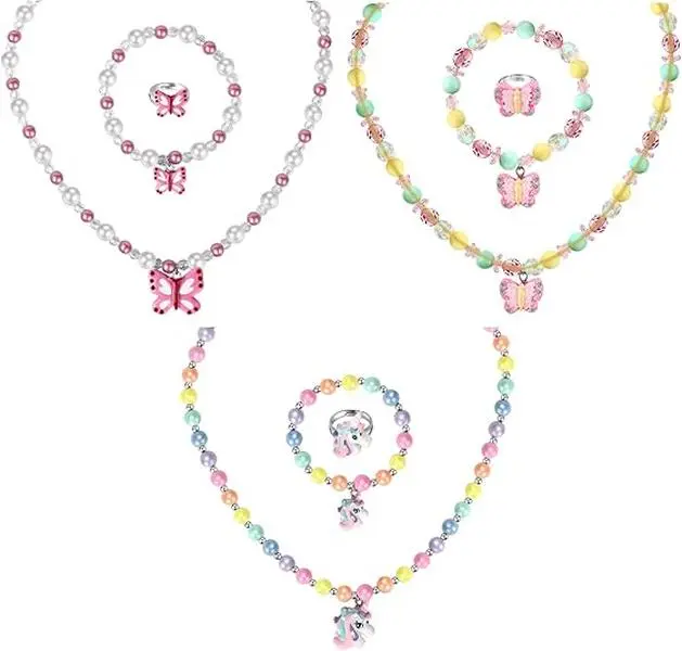 3 Sets Princess Jewelry for Girls Unicorn Butterfly Necklace Bracelet Ring Set for Kids Stretchy Dress Up Jewelry with Gift Box Toddler Little Girl Pretend Play Accessories Birthday Party Favors & Gifts