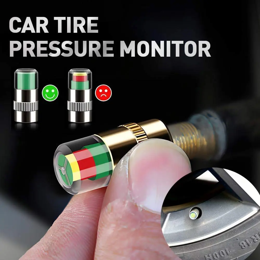 4 PCS Tire Pressure Monitor Valve Stem Caps, 3 Color Visual Alert Tire Pressure Sensor Indicator, Calibrated 36PSI/2.4Bar Universal Tire Valve Caps for Cars, SUVs, Motorcycles & Bikes