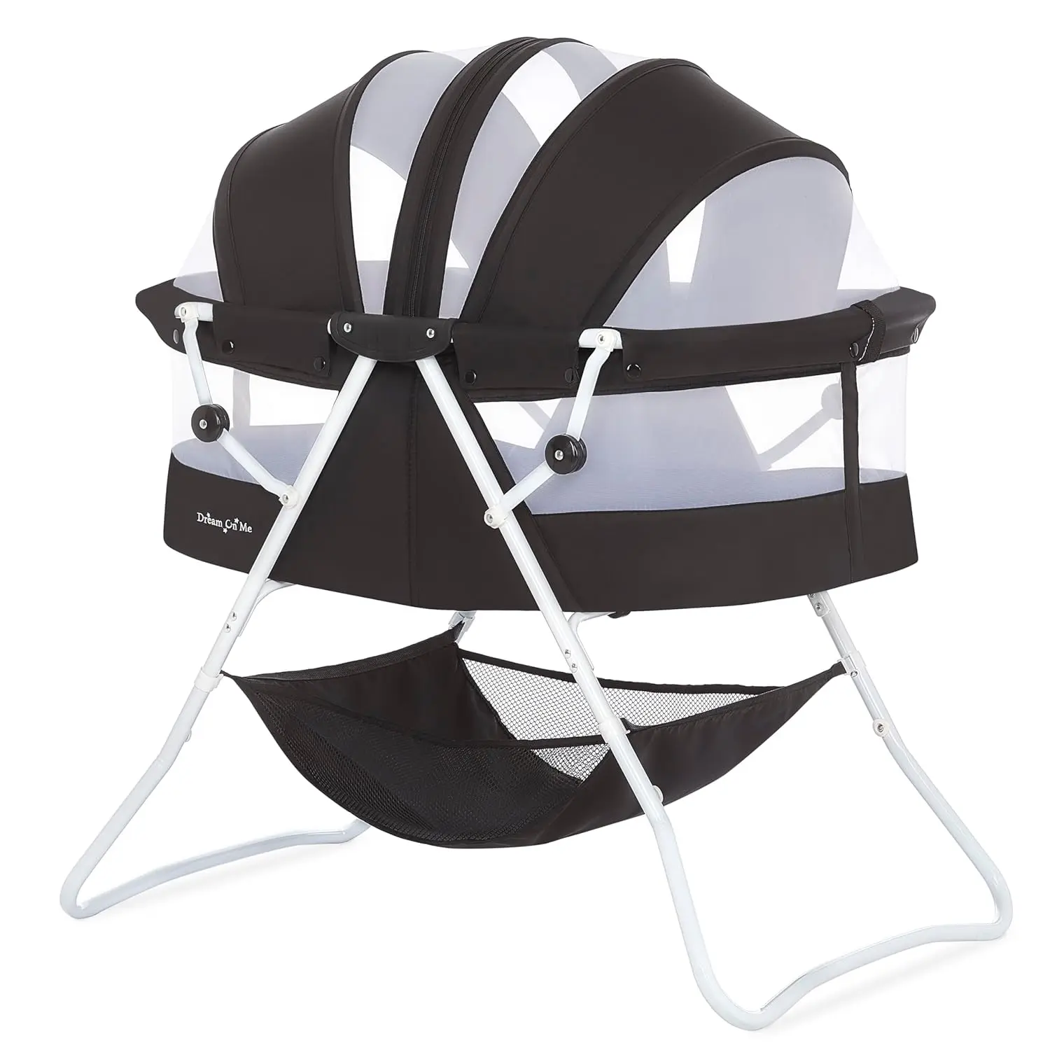 Bassinet, Award Winner Lightweight Travel Baby Bassinet, Foldable Bedside Sleeper, Adjustable Double Canopy, Spacious Design, Soft Fabric, Storage Basket – Black