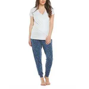 Blooming Women 2-Piece Maternity & Nursing Loungewear- Gray/Blue Print
