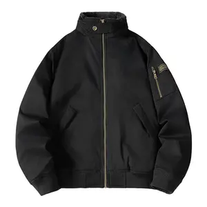 Men’s fall/winter set: thick fleece top for men, loose fit stand-collar casual biker workwear jacket